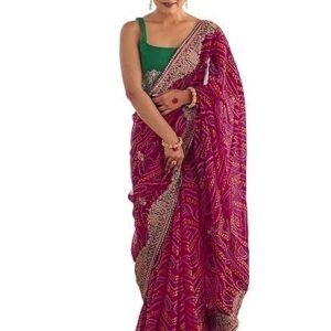 Women's Georgette Bandhani Printed Embroidered gota lace Saree with Unstitched Blouse Piece