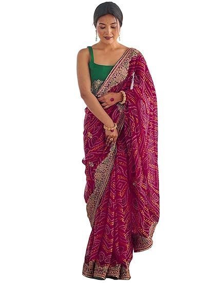 Women's Georgette Bandhani Printed Embroidered gota lace Saree with Unstitched Blouse Piece
