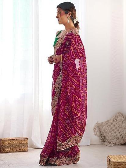 Women's Georgette Bandhani Printed Embroidered gota lace Saree with Unstitched Blouse Piece - Image 3