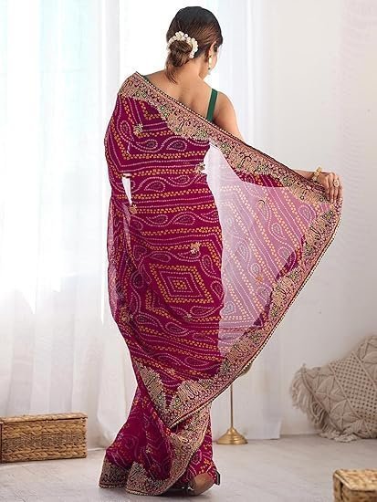 Women's Georgette Bandhani Printed Embroidered gota lace Saree with Unstitched Blouse Piece - Image 4