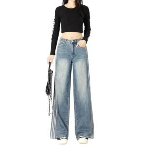 Women's Stylish Light-Colored High-Waisted Wide-Leg Jeans | Fashionable Three-Bar Design