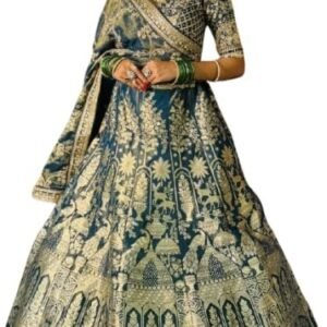 Designer Bridal Lehenga Choli, Heavy Embroidered, Teal and Gold, Traditional