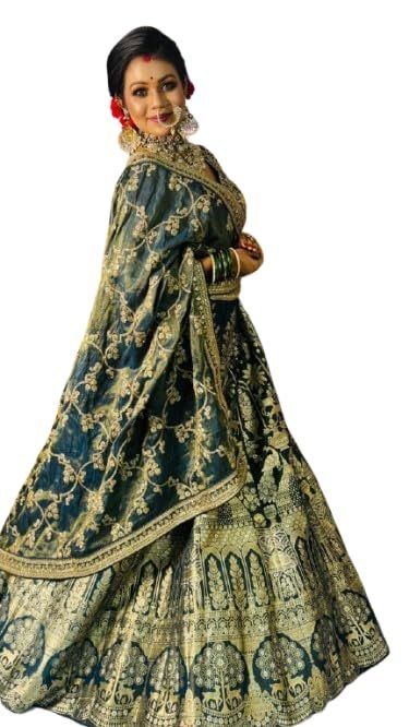 Designer Bridal Lehenga Choli, Heavy Embroidered, Teal and Gold, Traditional - Image 4
