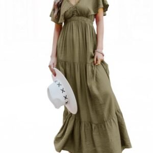 Women's Casual Short Sleeve V Neck Floral Chiffon Maxi Dresses Summer High Waist Boho Beach Flowy Ruffle Long Dress