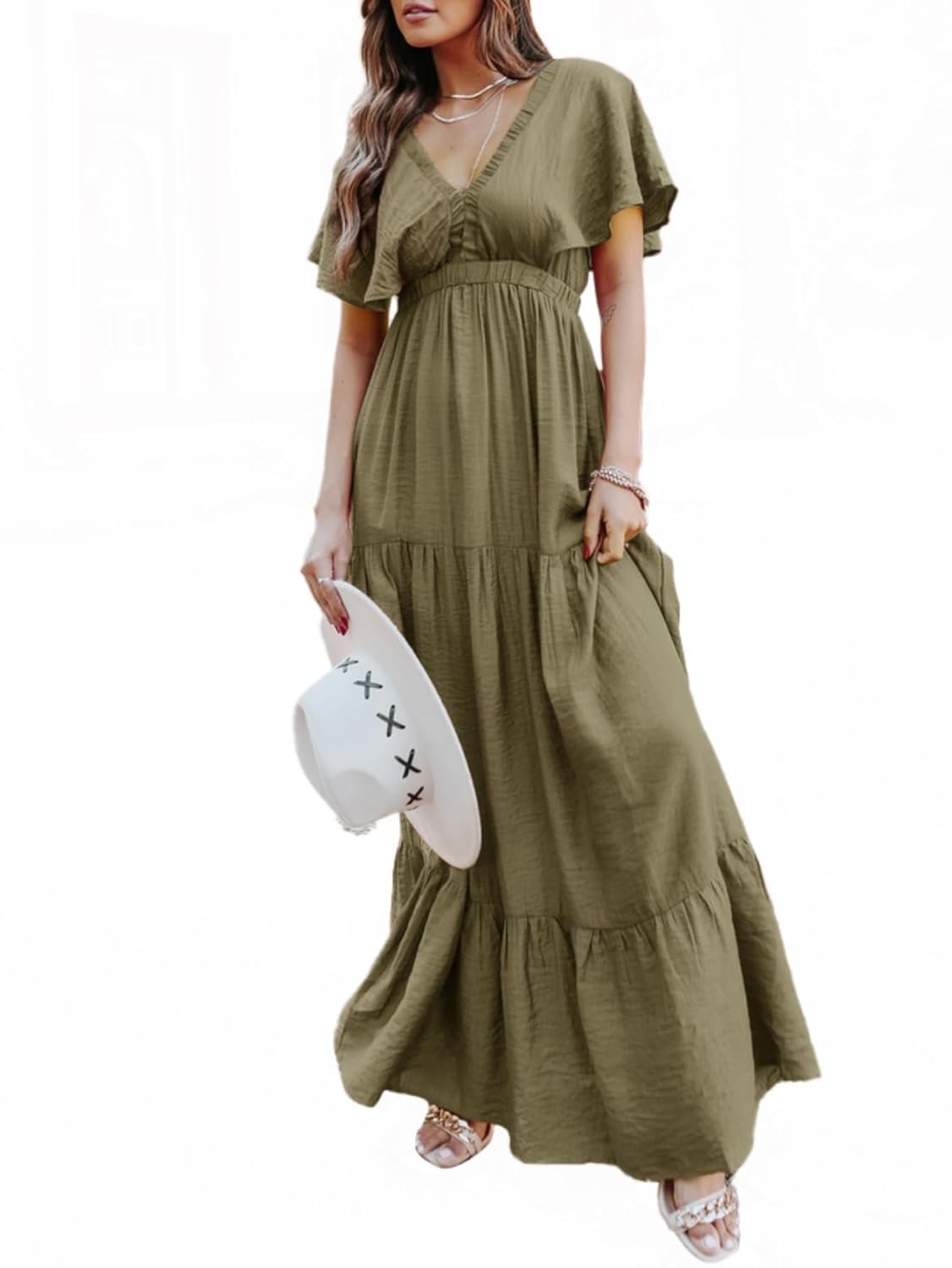 Women's Casual Short Sleeve V Neck Floral Chiffon Maxi Dresses Summer High Waist Boho Beach Flowy Ruffle Long Dress