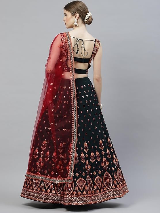 Women's Georgette Semi Stitched Lehenga Choli with Dupatta | Traditional, Wedding, Ethnic Wear Lehenga | Thread and Sequin Embroidery Pattern (Green) - Image 3