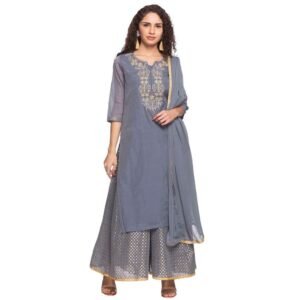 Womens Notched Neck Embroidered Kurta Skirt and Dupatta Set