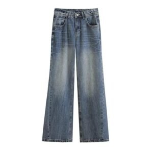 Women’s Blue Jeans | High Waist Straight-Leg Denim Pants | Retro Straight Jeans with Button Closure