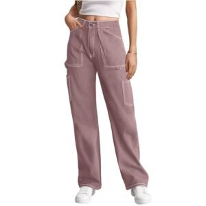 Women High Waisted Wide Leg Casual Pants Baggy Stretchy Trousers Y2K Streetwear with 6 Pockets
