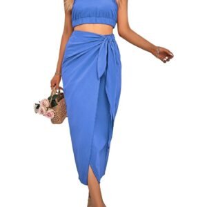 Women's 2 Piece Outfits Casual Sleeveless Halter Crop Top and Draped Ruched Skirt Solid Set for Cocktail Party, Blue, XX-Large