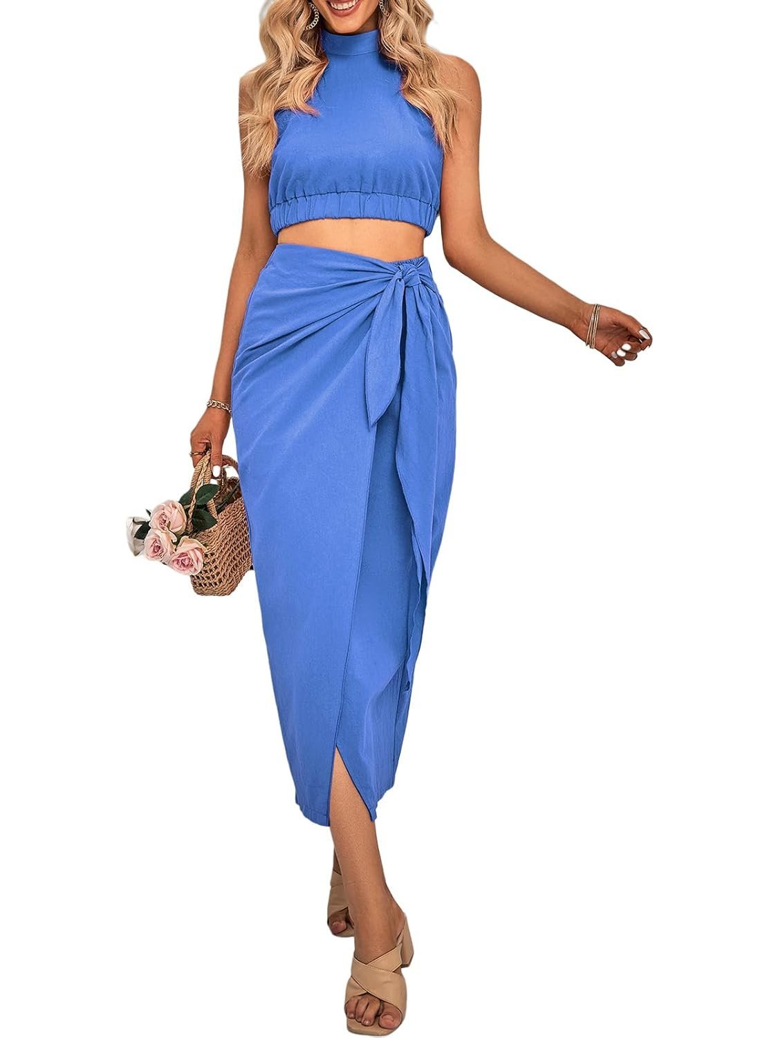 Women's 2 Piece Outfits Casual Sleeveless Halter Crop Top and Draped Ruched Skirt Solid Set for Cocktail Party, Blue, XX-Large