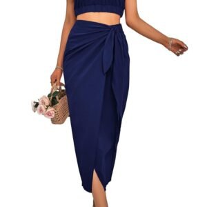 Women's 2 Piece Outfits Casual Sleeveless Halter Crop Top and Draped Ruched Skirt Solid Set for Cocktail Party