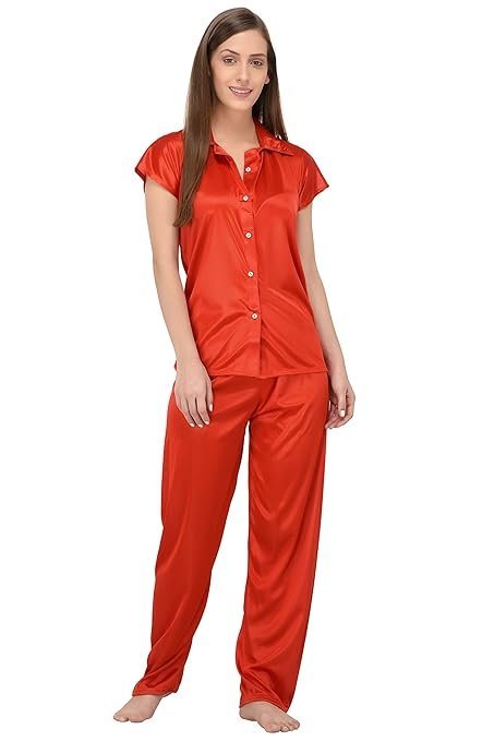 Women's Plain Satin Night Suit (Shirt and Pyjama)