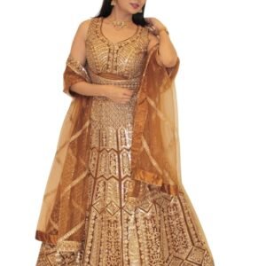 Bridal Lehenga, Heavy Sequin Embroidered, Golden Brown Geometric Pattern with Dupatta
