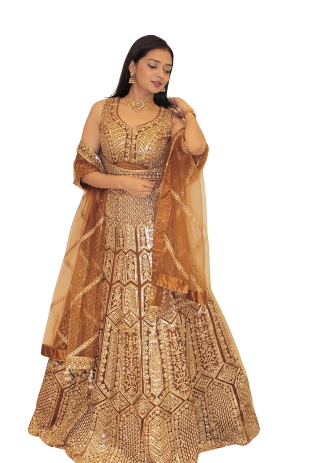 Bridal Lehenga, Heavy Sequin Embroidered, Golden Brown Geometric Pattern with Dupatta