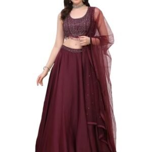 Dress & Dazzle Wine Lehenga Set for Women | Crepe Tissue Flared Skirt with Can-Can, Sequin & Cut Dana Embroidered Blouse, and Dupatta | Elegant Party & Festive Outfit