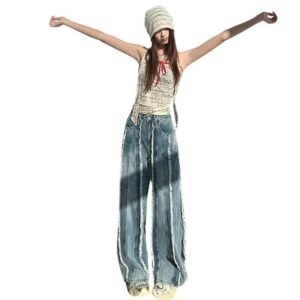 Women's Raw Edge Wide Leg Jeans | Distressed Wash | Straight Fit