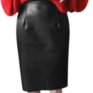 Women Knee Length High Waist PU Pencil Skirt