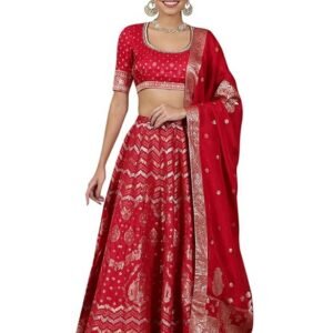 Women's Hot Pink Zari Embellished Crop Top, Brocade Flared Skirt and Dupatta Set