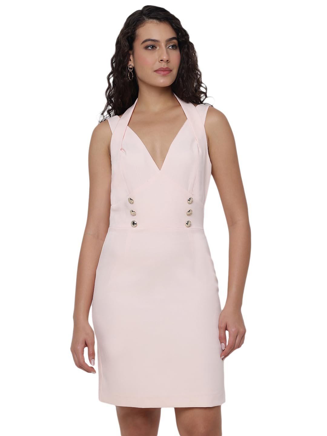 Women's Pink Solid V-Neck Regular Fit Sheath Dress