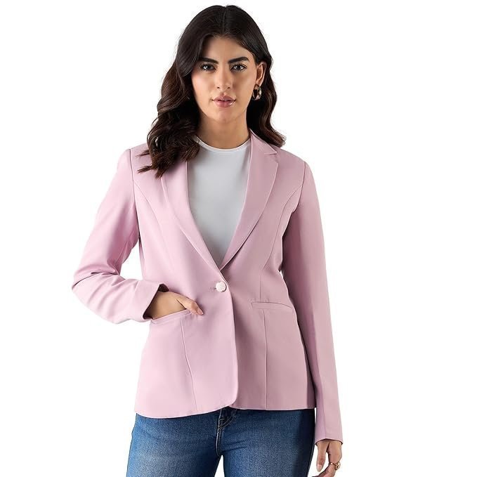 Women?s Pink Casual Solid Blazer | Single Button | Notched Lapel | Long Sleeves | Slim Fit | Single-Breasted | Smart-Casual Formal Office Wear