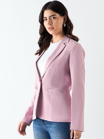 Women?s Pink Casual Solid Blazer | Single Button | Notched Lapel | Long Sleeves | Slim Fit | Single-Breasted | Smart-Casual Formal Office Wear - Image 4