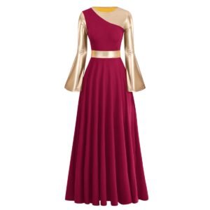 Women's Long Dress for Women Metallic Gold Color Block Loose Fit Full Length Church Dancewear
