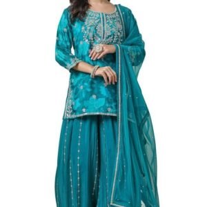 Womens Teal Chinon Blend Floral Print Suit Set with Sequins