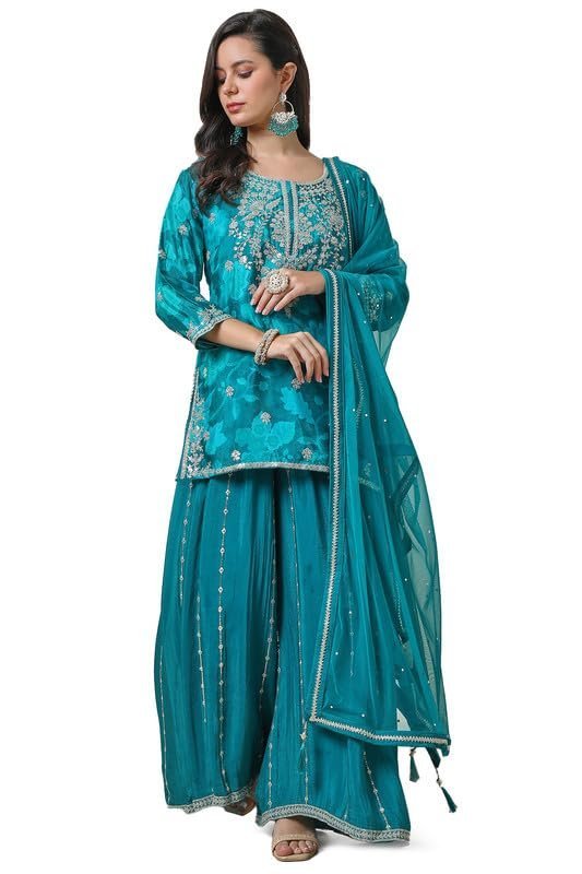 Womens Teal Chinon Blend Floral Print Suit Set with Sequins