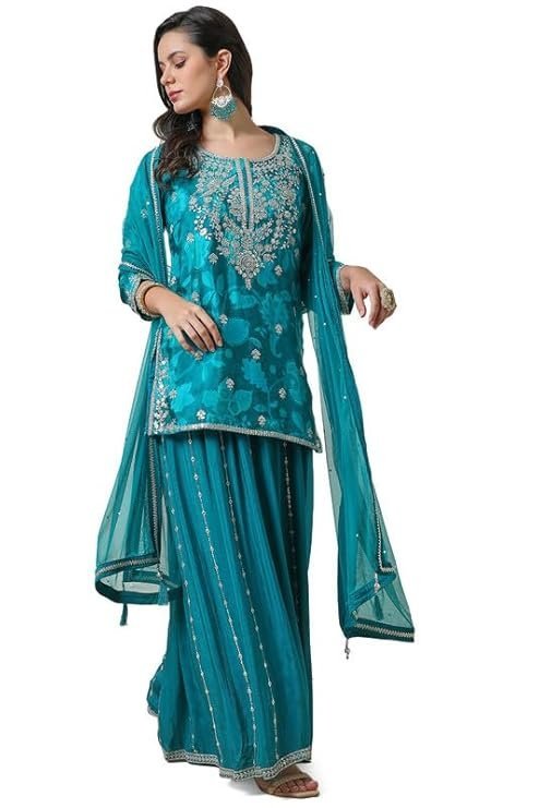 Womens Teal Chinon Blend Floral Print Suit Set with Sequins - Image 2