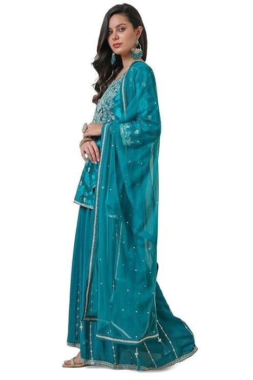 Womens Teal Chinon Blend Floral Print Suit Set with Sequins - Image 3