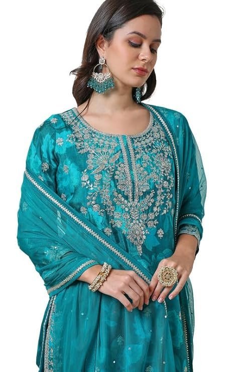 Womens Teal Chinon Blend Floral Print Suit Set with Sequins - Image 4