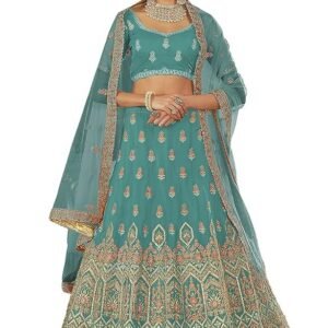 Turquoise Color Zarkan And Thread Work Organza Base Lehenga Choli For Women