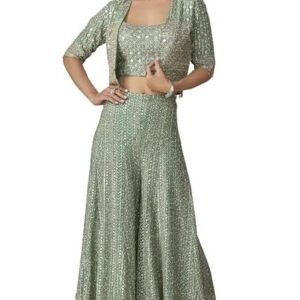 Mint Green Embroidered Lehenga Set with Mirror Work, Puff Sleeves Crop Top and Palazzo Pants (IN, Alpha, XL, Regular, Mint Green)