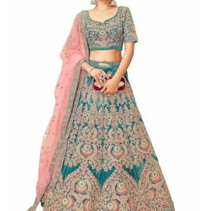 Clothing Teal Heavy Embroidered Velvet Semi-Stitched Lehenga Choli For Women (7419-Teal-Wedding-Bridal-Latest-New; Teal_Free Size)