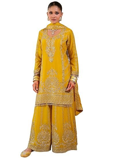 Women's Chinon Ethnic Motifs Embroidered Straight Kurta & Palazzo With Dupatta Set