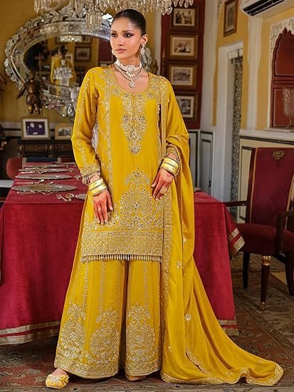 Women's Chinon Ethnic Motifs Embroidered Straight Kurta & Palazzo With Dupatta Set - Image 2