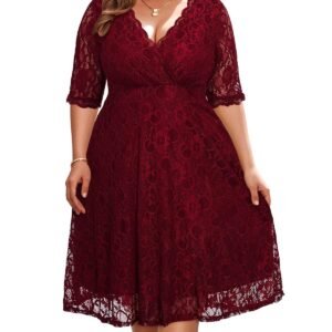 Women's Plus Size Wedding Guest Cocktail Party Semi Formal Lace Wrap V Neck Knee Length Dress
