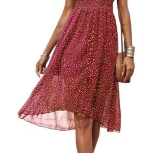 Women's Floral Wrap V-Neck Midi Dress Short Sleeve Boho Summer Beach Long Dress High Low Hem Smocked Dress Women, Red, Small