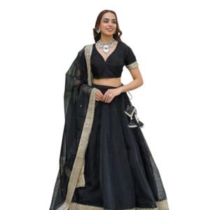 Black Solid Organza Lehenga with Choli and Dupatta