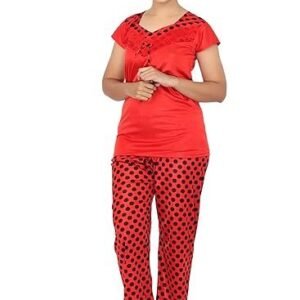 Women's Polka Dots Satin Night Suit (Top & Pajama Set)