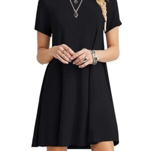 Women's 2023 Summer Casual T-Shirt Dress Short Sleeves Swing Boho Beach Cover up, Black, Medium