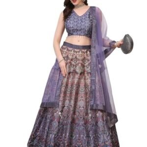 Purple Printed Lehenga Set for Women | Full Flared Silk Skirt with Sequin & Beadwork Crop Top and Net Dupatta | Festive & Wedding Ready Outfit with Can-Can