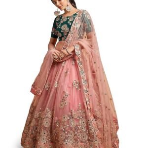Women's Net Embroidered Semi-Stitched Lehenga Choli with Dupatta | Traditional, Wedding, Ethnic WearLehenga for Women and Girls (7315-Peach-Wedding)