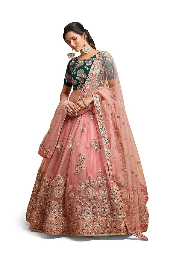 Women's Net Embroidered Semi-Stitched Lehenga Choli with Dupatta | Traditional, Wedding, Ethnic WearLehenga for Women and Girls (7315-Peach-Wedding)