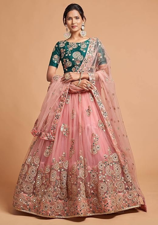 Women's Net Embroidered Semi-Stitched Lehenga Choli with Dupatta | Traditional, Wedding, Ethnic WearLehenga for Women and Girls (7315-Peach-Wedding) - Image 4