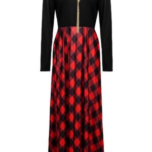 Women Christmas Plaid Long Sleeve High Waist Maxi Dress with Pocket, Necklace