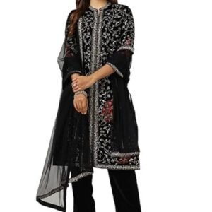 Womens Black Velvet Embroidered Suit Set With Thread Work