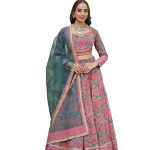 Green Printed Cotton Lehenga with Choli and Dupatta