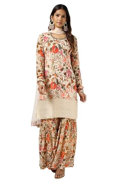 Womens Chinon Floral Print Suit Set With Mirror And Cutdana